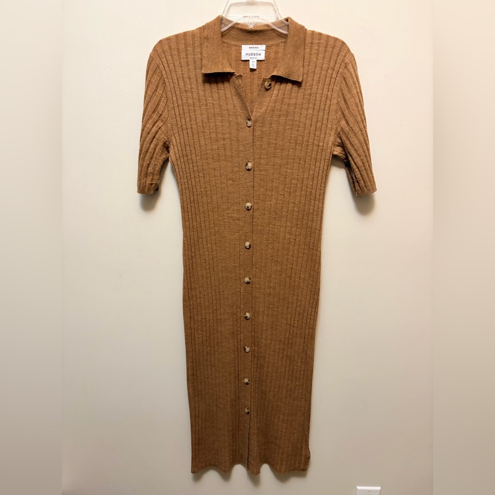 100% Extra Fine Merino Wool Ribbed Button Front Midi Dress - Picture 2 of 7
